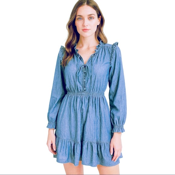 LC Lauren Conrad Denim chambray Ruffle Dress Medium Long Sleeve Boho Cottagecore - Picture 1 of 10